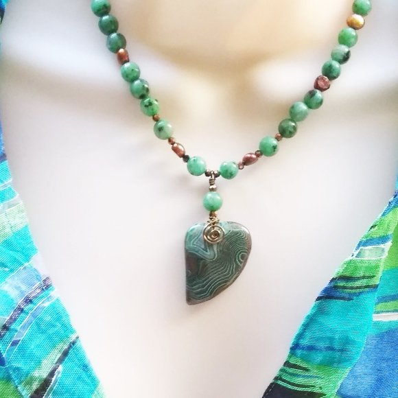Hand Crafted Jewelry - One-Of-A-Kind! Green & Copper Agate Heart Necklace